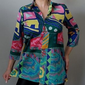 🔥LAUREN RALPH LAUREN VTG Multicolored Art‎ To Wear Geometric Button Up Blouse